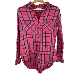 Cloth & Stone Women's M Pink Plaid Distressed Boho‎ Button Up Shirt *